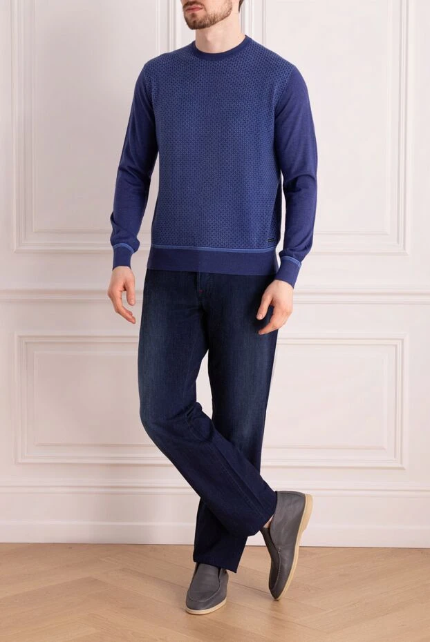 Голубой джемпер из кашемира и шелка с мелким геометрическим узором - фото 2