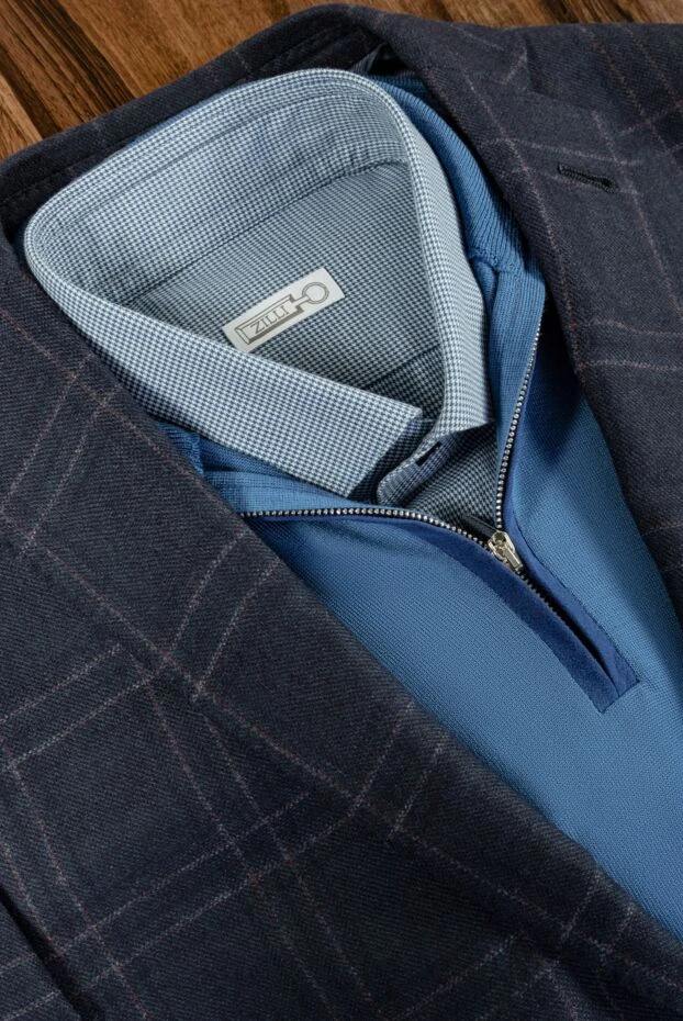 Cesare di Napoli men's long sleeve polo shirt in blue made of wool and cashmere with a zipper 148038 - photo 2