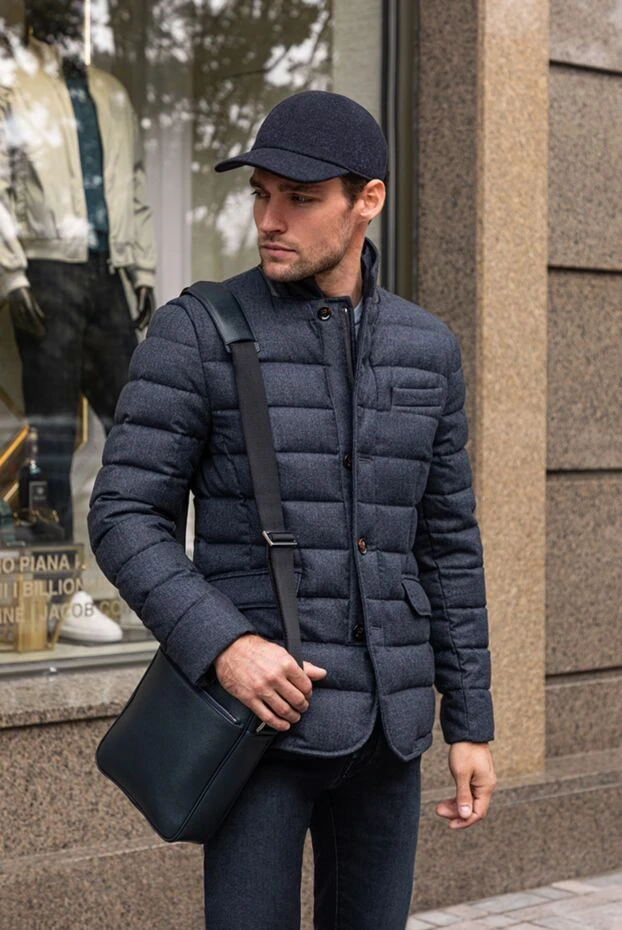 Men's grey textured wool down jacket with stand-up collar and fitted silhouette
- photo 2