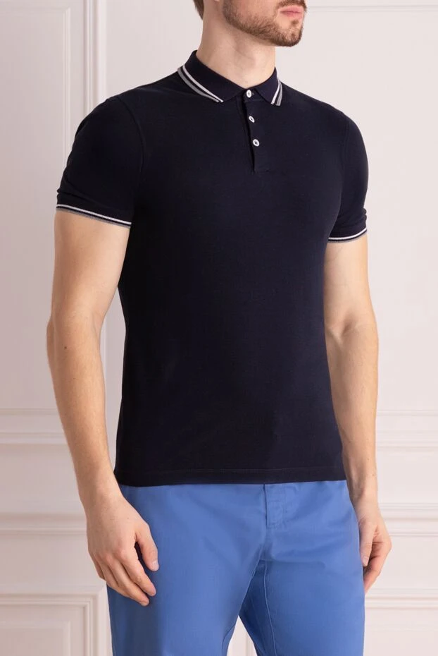 Brunello Cucinelli men's dark blue cotton polo shirt with buttons and contrast piping 150342 - photo 3