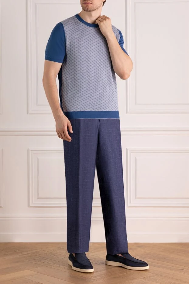 Stefano Ricci тегіс текстуралы көк жібек, кашемир және зығыр шалбарлар 150522 - фото 2