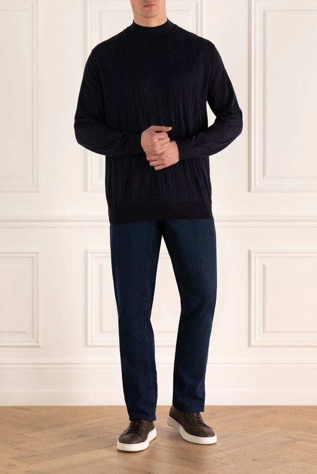 Zilli man men's jumper with a high stand-up collar, cashmere and silk, blue купить с ценами и фото 150621 - photo 2