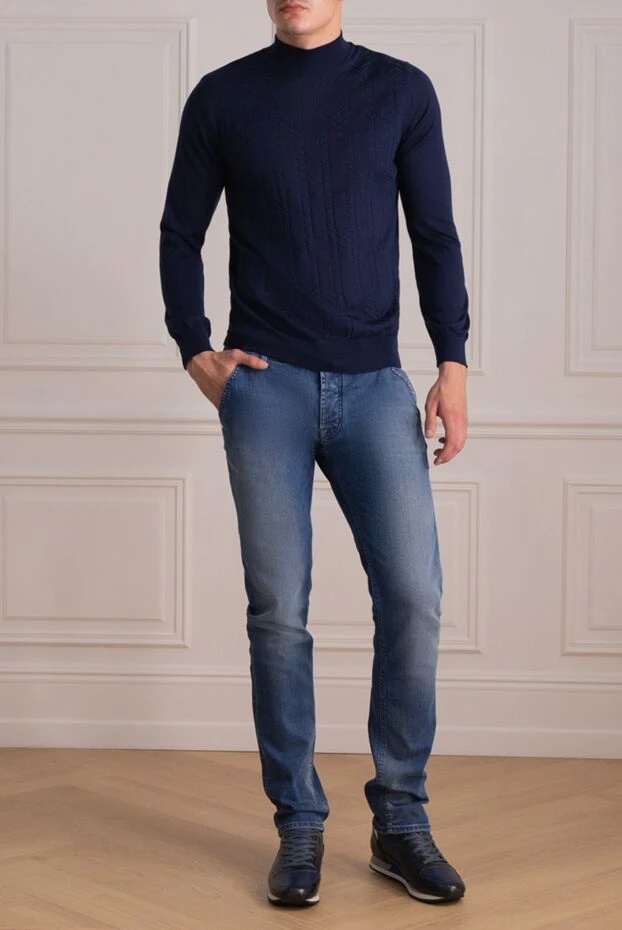 Zilli man men's jumper with a high stand-up collar, cashmere and silk, blue купить с ценами и фото 150633 - photo 2