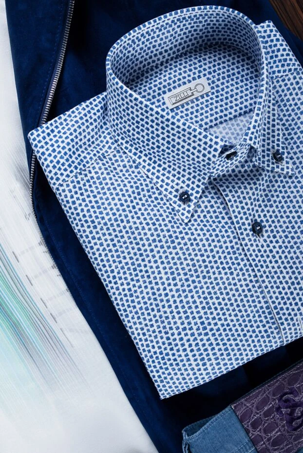 Zilli men's blue mini shirt with button-down collar and motifs on a white background 150661 - photo 2
