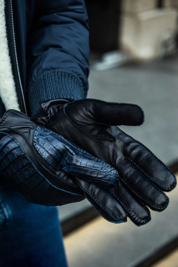 Mazzoleni синие крокодиловые перчатки с тёплой кашемировой отделкой внутри
 150703 - фото 2