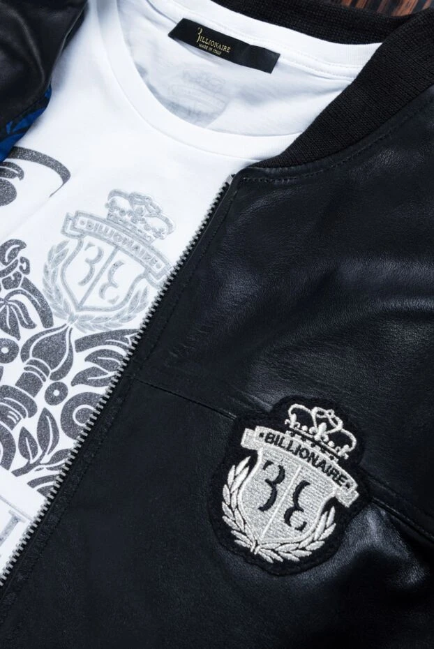 Куртка-бомбер кожаная черная с вышитым логотипом мужская - фото 2