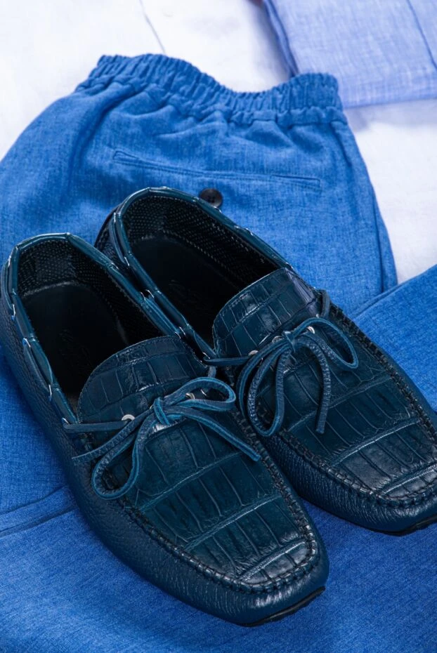 Мокасины-топсайдеры темно-синие кожаные с вставкой из кожи аллигатора мужские - фото 2