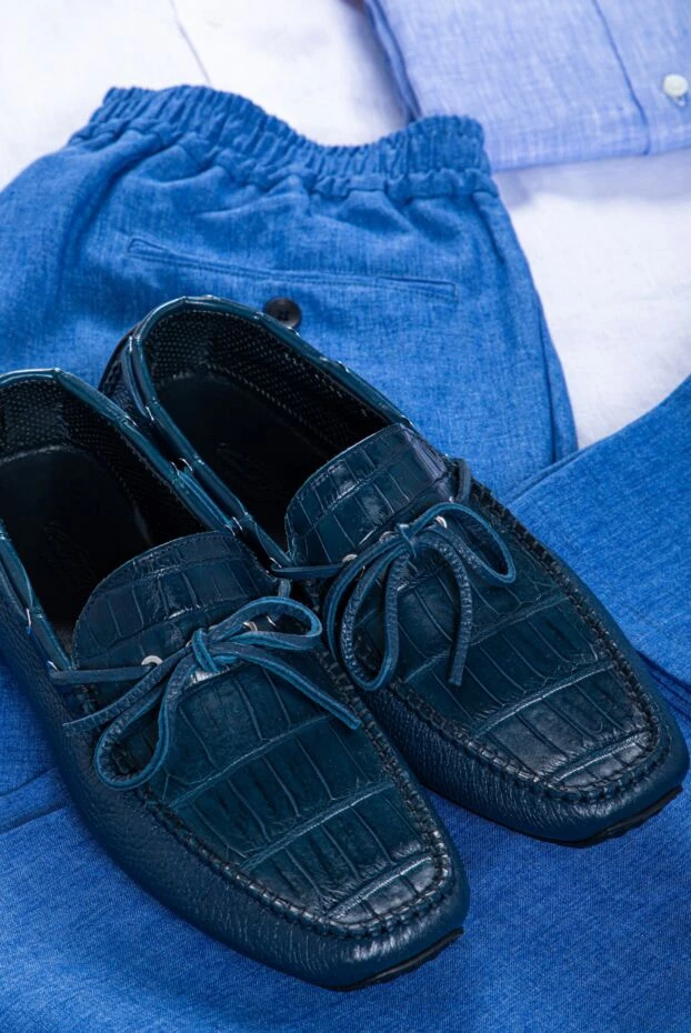 Cesare di Napoli ерлерге арналған қою көк былғары қайық мокасиндері аллигатор былғары кірістіруімен 151548 - фото 3