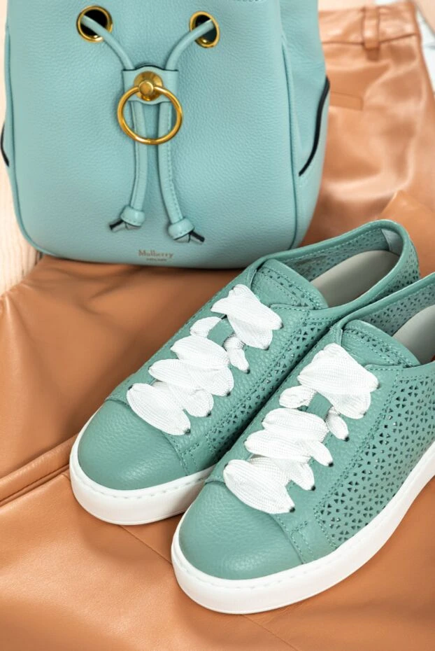 Santoni кеды женские кожаные с перфорацией и белой подошвой зеленые 151615 - фото 2