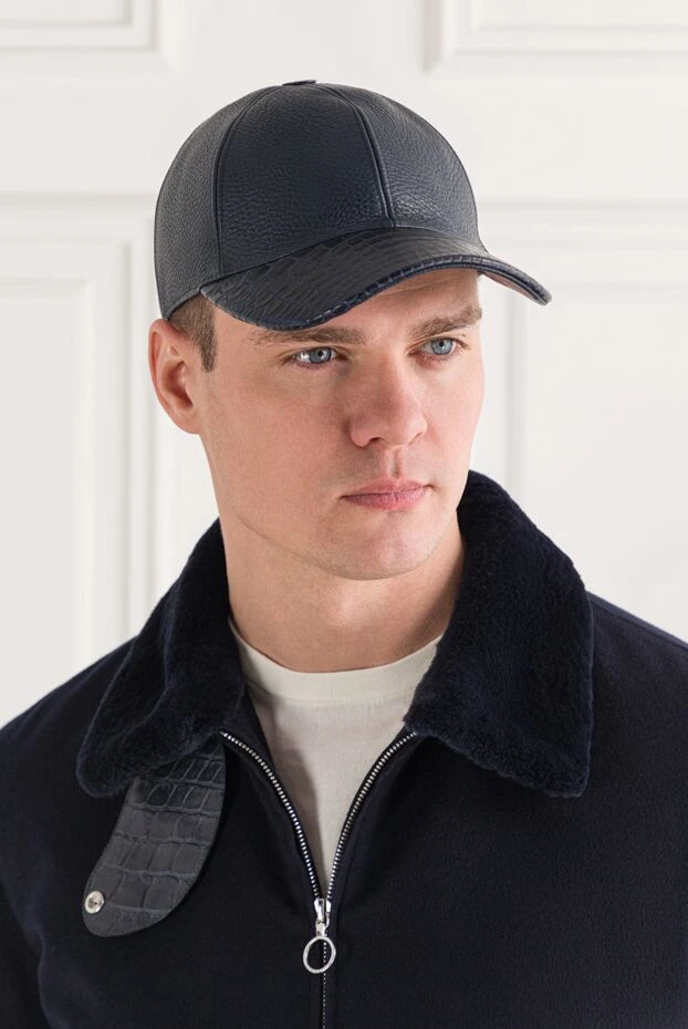 Cesare di Napoli cashmere cap with crocodile leather visor deep blue for men 152662 - photo 3
