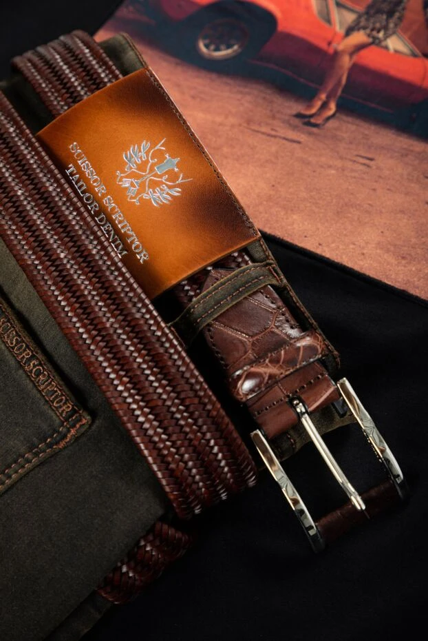 Cesare di Napoli ремень кожаный фактурный с микроплетением бордовый мужской 153115 - фото 2