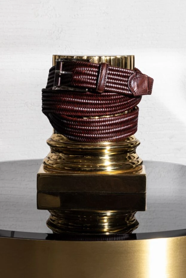 Cesare di Napoli ремень кожаный фактурный с микроплетением бордовый мужской 153115 - фото 3