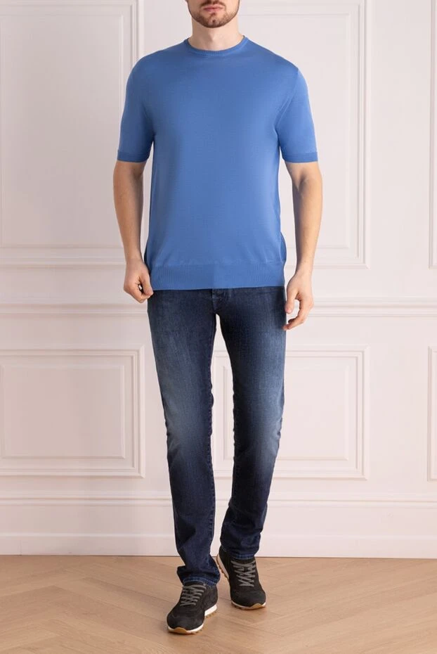 Cesare di Napoli man short sleeve jumper in silk and cotton blue for men купить с ценами и фото 153158 - photo 2