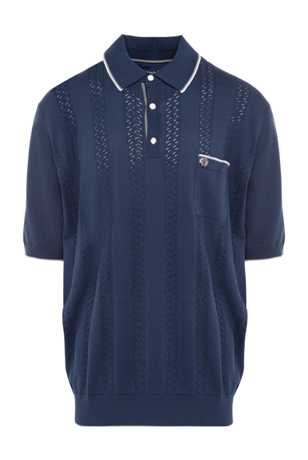 A dark blue polo shirt with an openwork texture and contrasting collar trim.
- photo 1