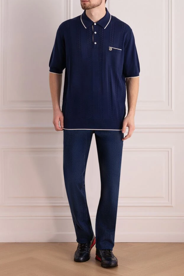 Stefano Ricci темно синее поло с ажурной фактурой и контрастной окантовкой воротника
153168 - фото 2