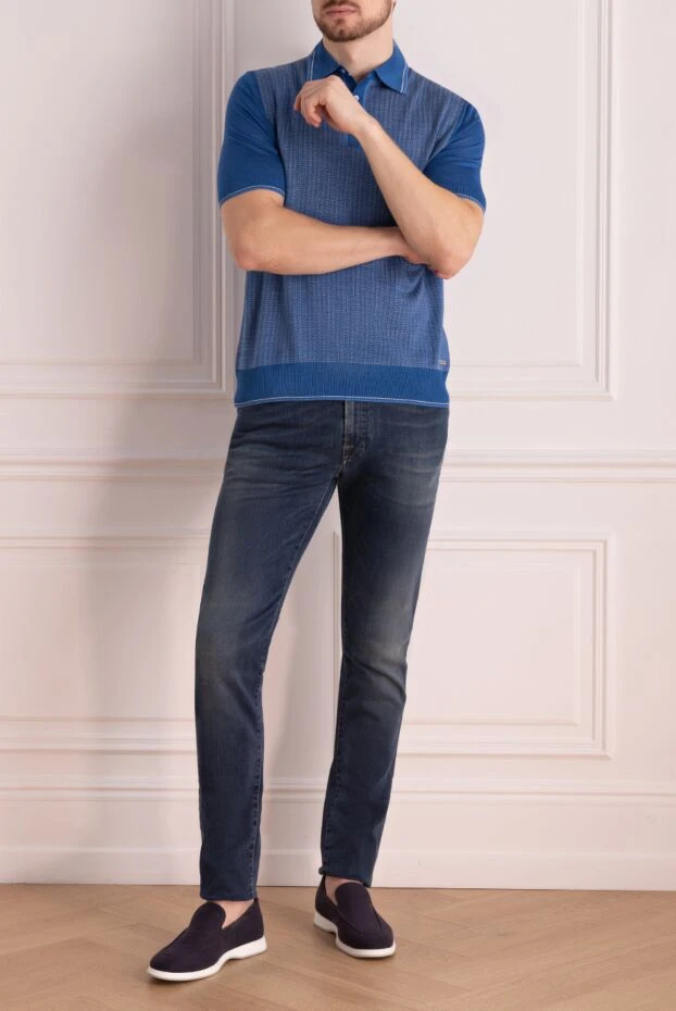 Микроджакард өрнегі бар қою көк жібек поло жейдесі - фото 2