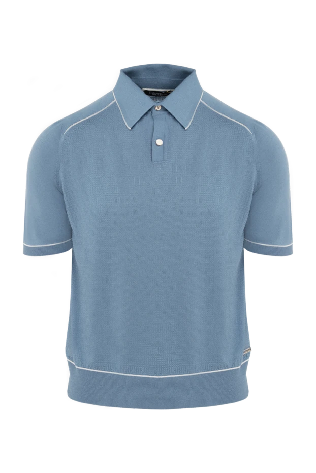 Blue silk polo shirt with contrast trim and textured pattern - photo 1