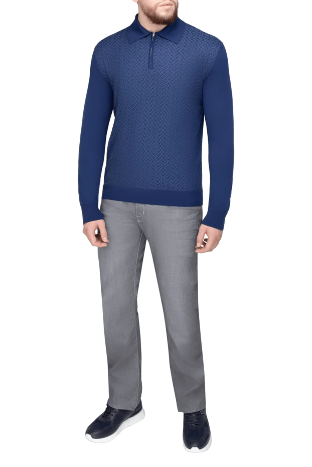 Cesare di Napoli man long sleeve polo in silk and cashmere blue for men купить с ценами и фото 153316 - photo 2