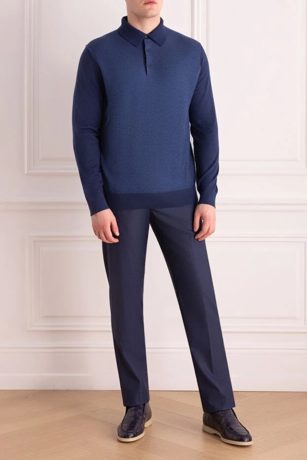 Cesare di Napoli man long sleeve polo in silk and cashmere blue for men купить с ценами и фото 153379 - photo 2