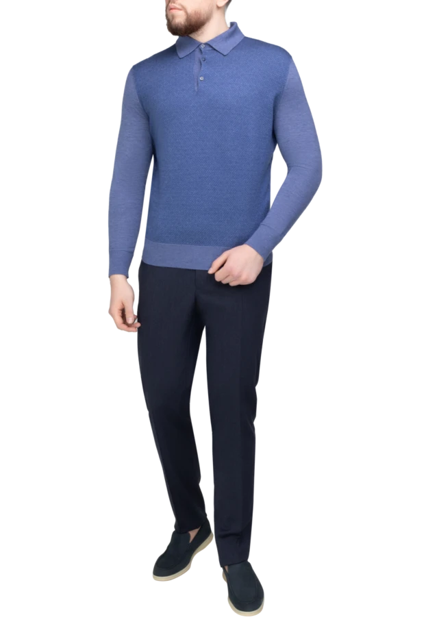 Cesare di Napoli man long sleeve polo in silk and cashmere blue for men купить с ценами и фото 153389 - photo 2