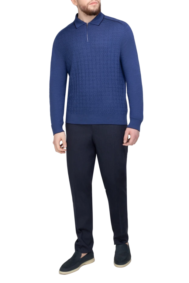 Cesare di Napoli man long sleeve polo in silk and cashmere blue for men купить с ценами и фото 153411 - photo 2