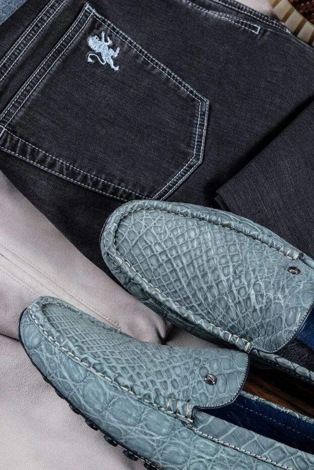 Zilli мокасины фактурные из кожи крокодила дымчато-голубые мужские 153465 - фото 2