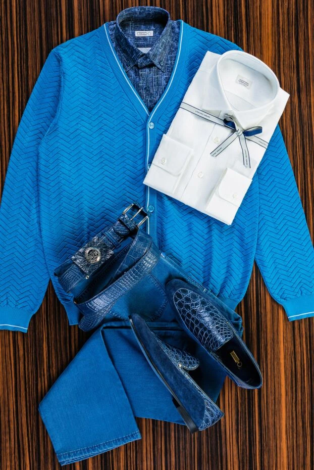 Zilli ерлерге арналған мақтадан жасалған көк түсті кардиганы 153490 - фото 2