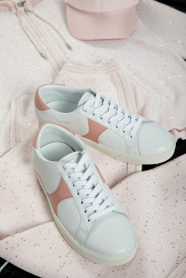 Celine women's leather sneakers with pink inserts in white 153751 - photo 2