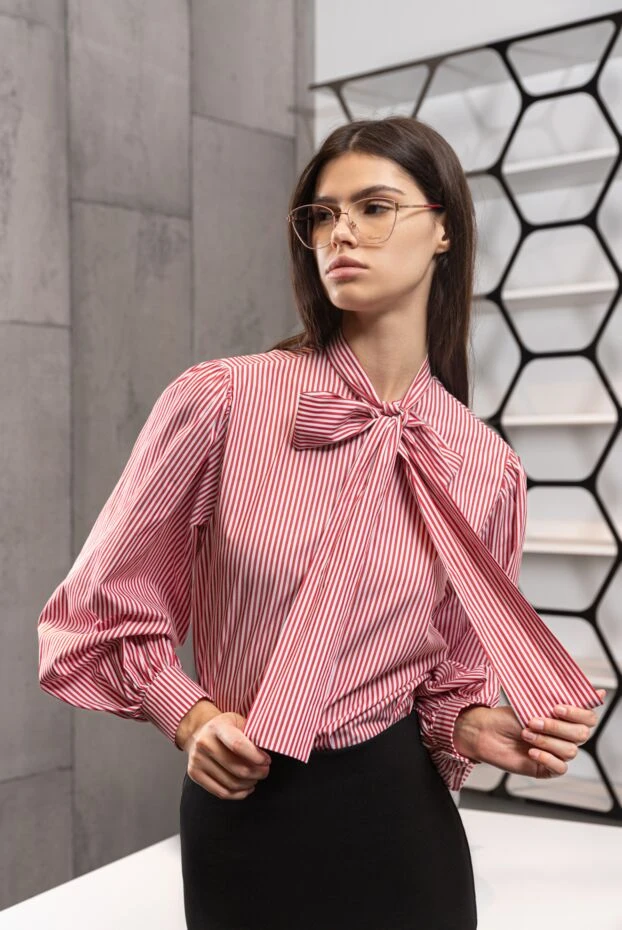 MSGM блуза женская хлопковая в полосатый узор с бантом красная 154623 - фото 2