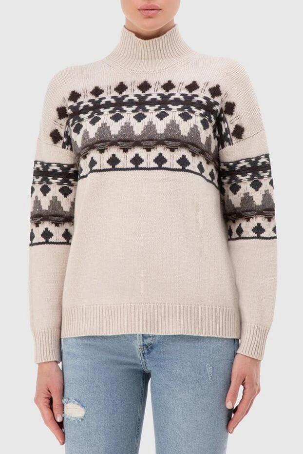 Peserico джемпер бежевый женский с контрастным геометрическим узором 154687 - фото 3