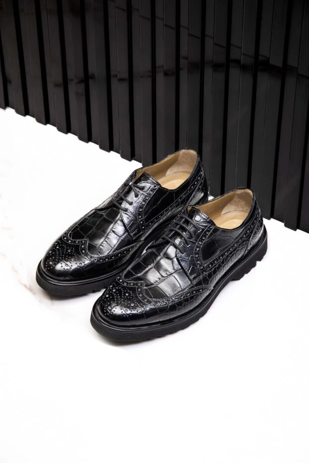 Glossy black wingtip brogue derby shoes made of alligator leather for men - photo 2