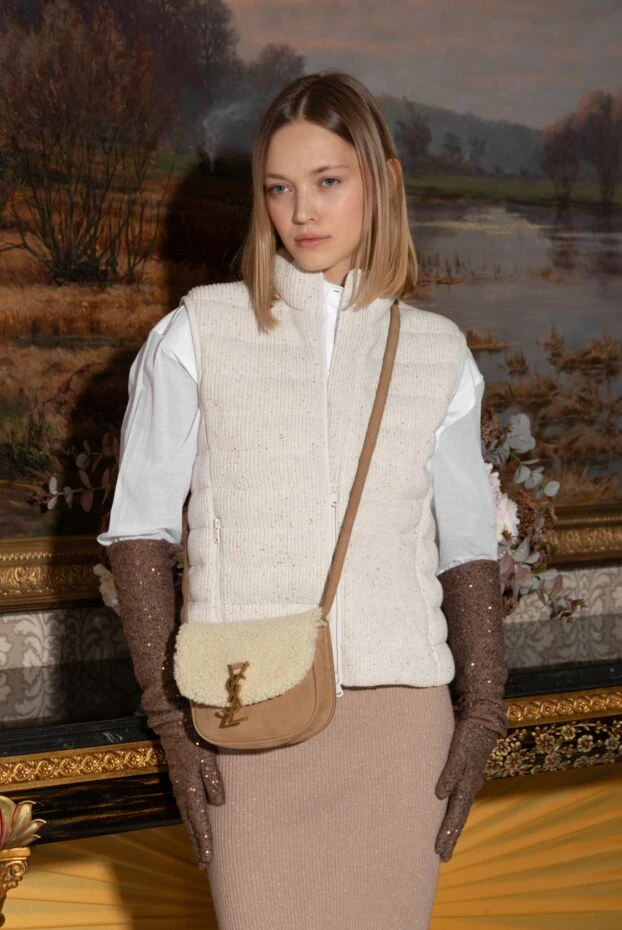 Saint Laurent сумка бежевая женская из нубука и меха 154795 - фото 2