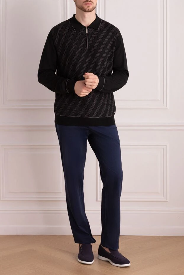 Men's black zip-up polo shirt with diagonal textured knit - photo 2