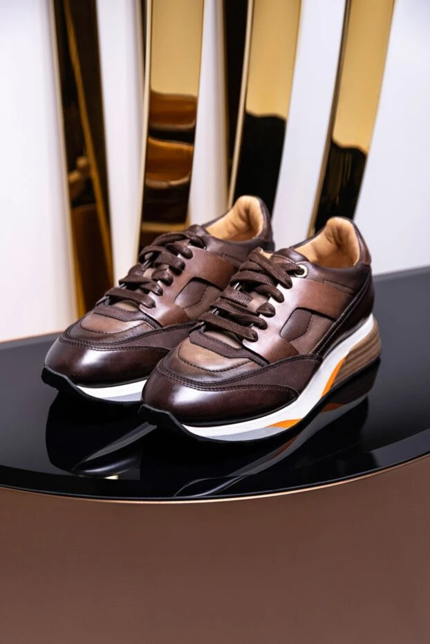 Santoni темно-коричневые кроссовки из кожи с объемной подошвой и оранжевым элементом сбоку
 155233 - фото 2
