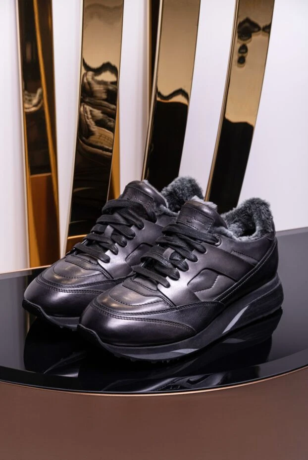 Santoni тері астары оқшауланған қара былғары кроссовкалар 155235 - фото 2