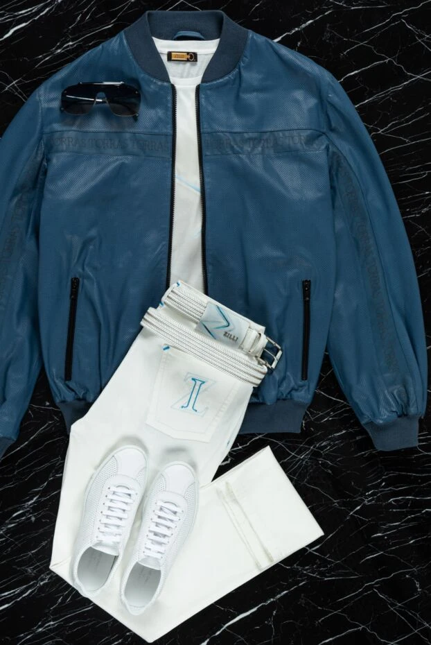 Torras куртка-бомбер кожаная голубая с перфорацией и контрастными молниями мужская 155300 - фото 2