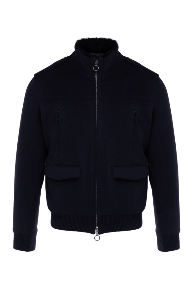 Куртка-бомбер кашемировая утепленная мехом синяя мужская - фото 1