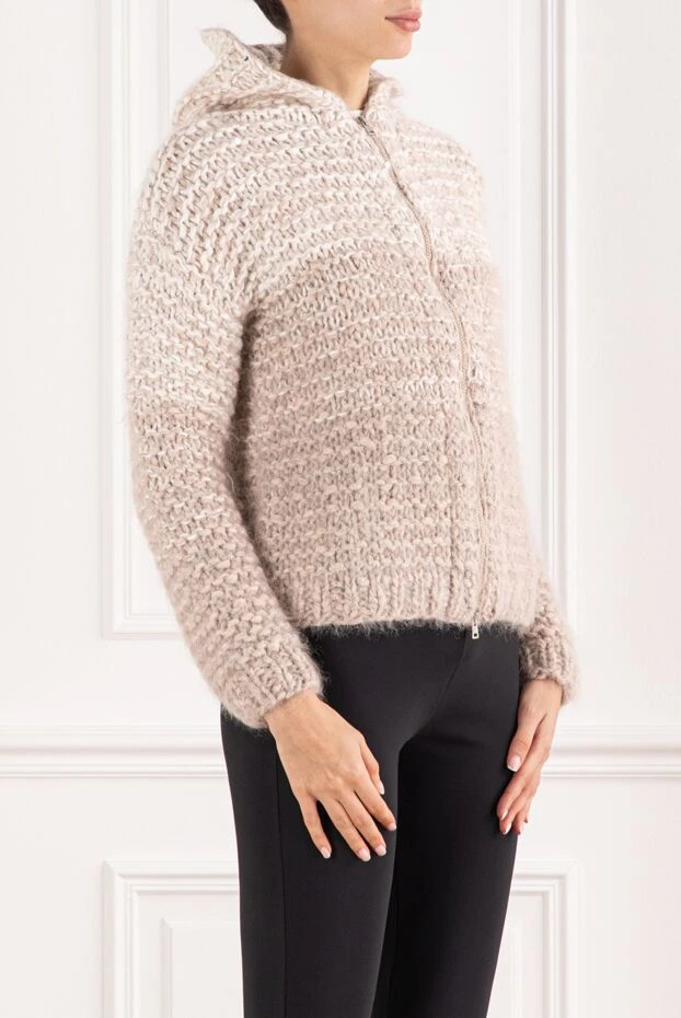 Panicale кардиган светло-бежевый женский вязаный на молнии с капюшоном и мехом 155818 - фото 3
