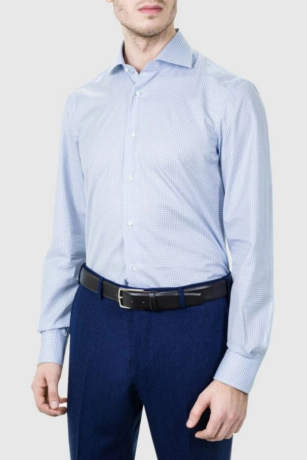 Barba Napoli рубашка мужская базовая голубая клетчатая прямого кроя 155827 - фото 3