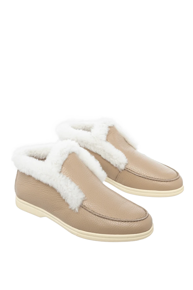 Cesare di Napoli лоферы женские высокие кожаные с мехом бежевого цвета 156070 - фото 3