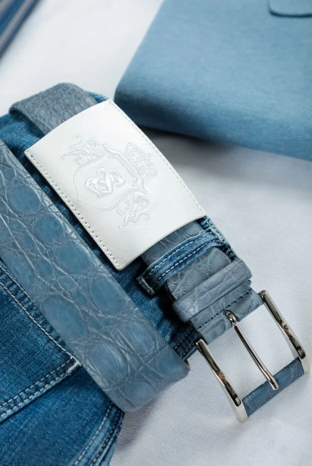 Cesare di Napoli ремень из кожи крокодила дымчато-голубой мужской 156272 - фото 3
