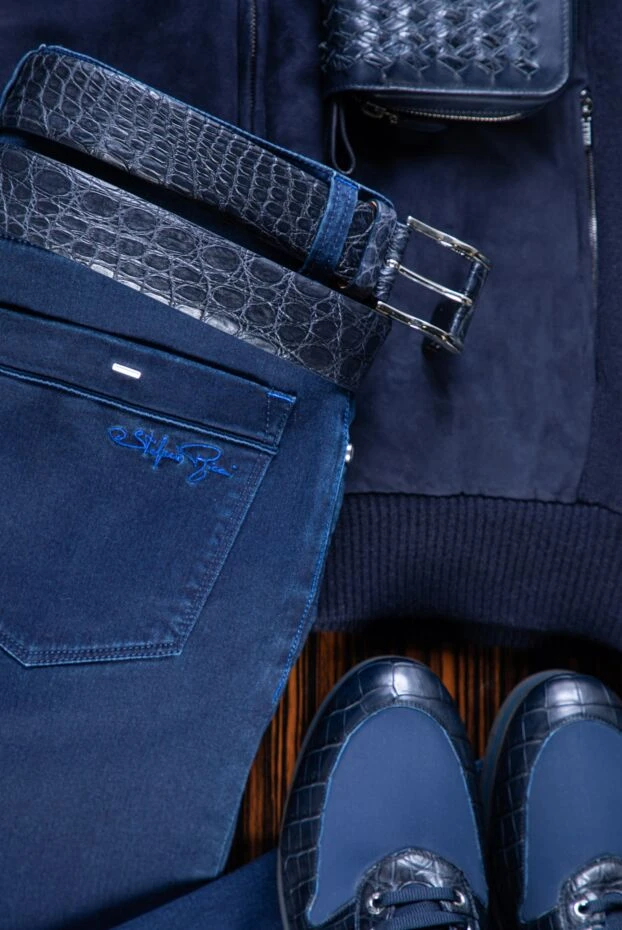 Cesare di Napoli ремень с фактурным тиснением под крокодилью кожу синий мужской 156273 - фото 2