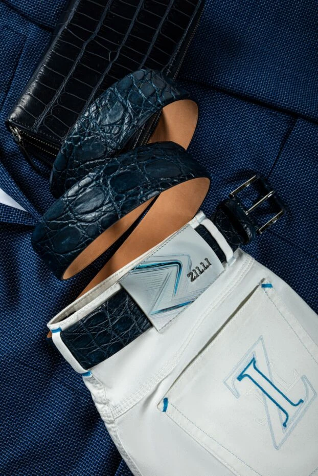 Blue genuine crocodile leather belt with a shiny buckle
- photo 2