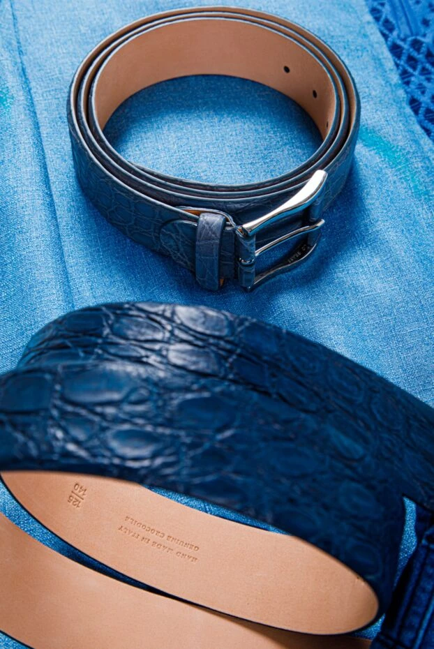Cesare di Napoli ремень из кожи крокодила стально-синий мужской 156277 - фото 2