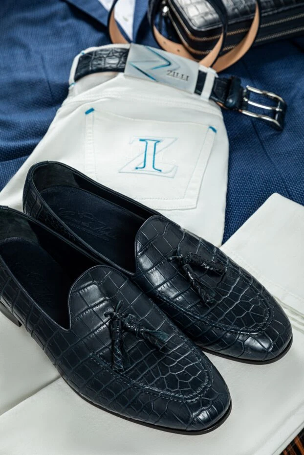 Крокодил былғарысынан жасалған көк тассель лоферлер ерлерге арналған - фото 2