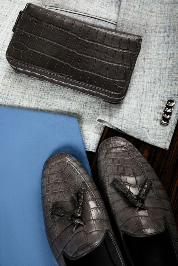 Cesare di Napoli лоферы-тасел из кожи крокодила серые мужские 156493 - фото 2
