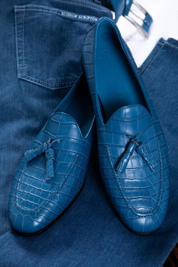 Cesare di Napoli лоферы-тасел из кожи крокодила голубые мужские 156495 - фото 3