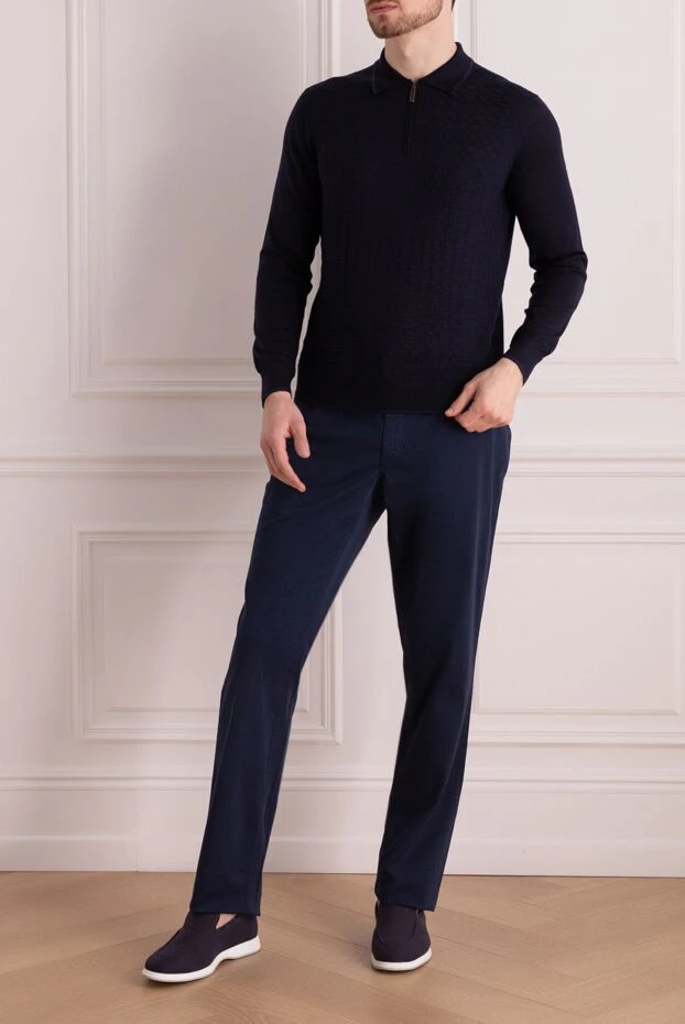 Алдыңғы жағы текстураланған және сыдырмасы бар қою көк түсті ұзын жеңді поло жейде. - фото 2