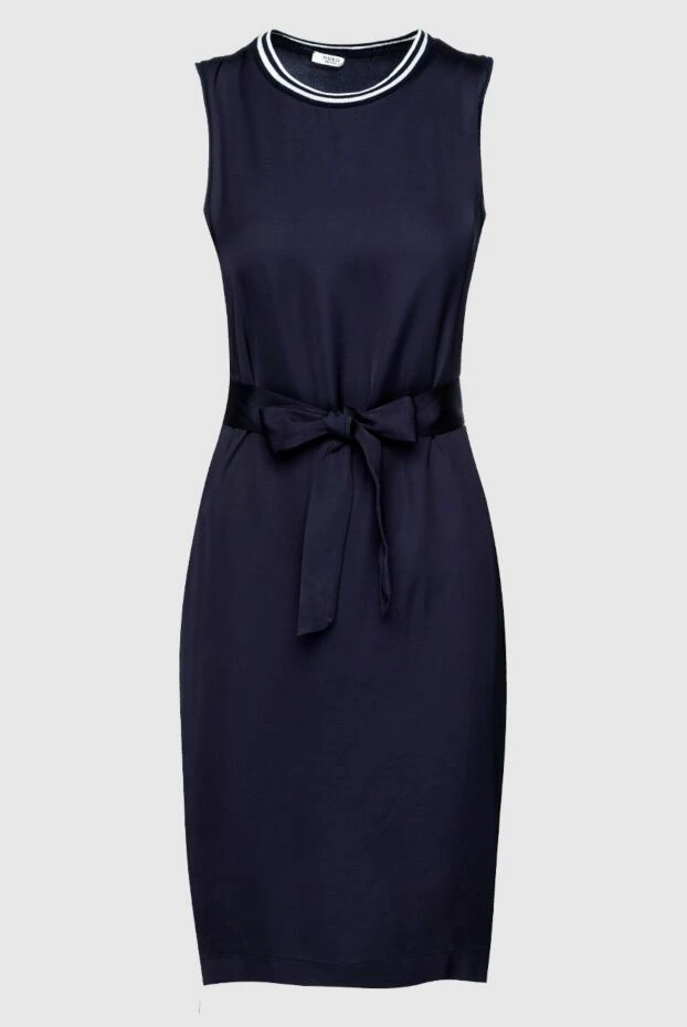 Платье синее приталенное с поясом и контрастной горловиной женское - фото 1