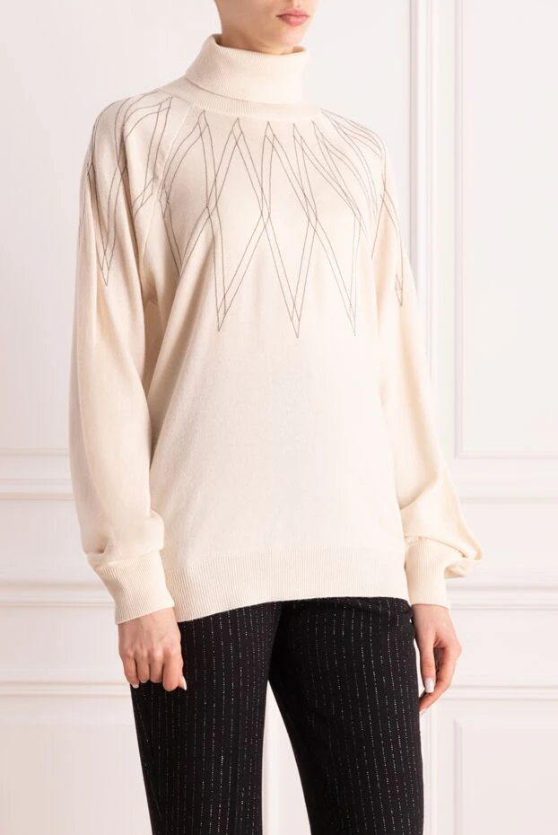 Brunello Cucinelli молочный джемпер с геометрической вышивкой и воротником стойкой
 157204 - фото 3